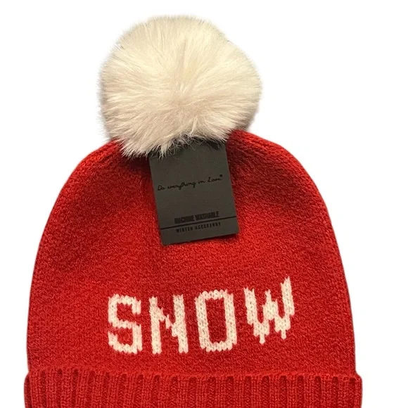 Red and White SNOW Pom Bennie Hat - Picture 2 of 9